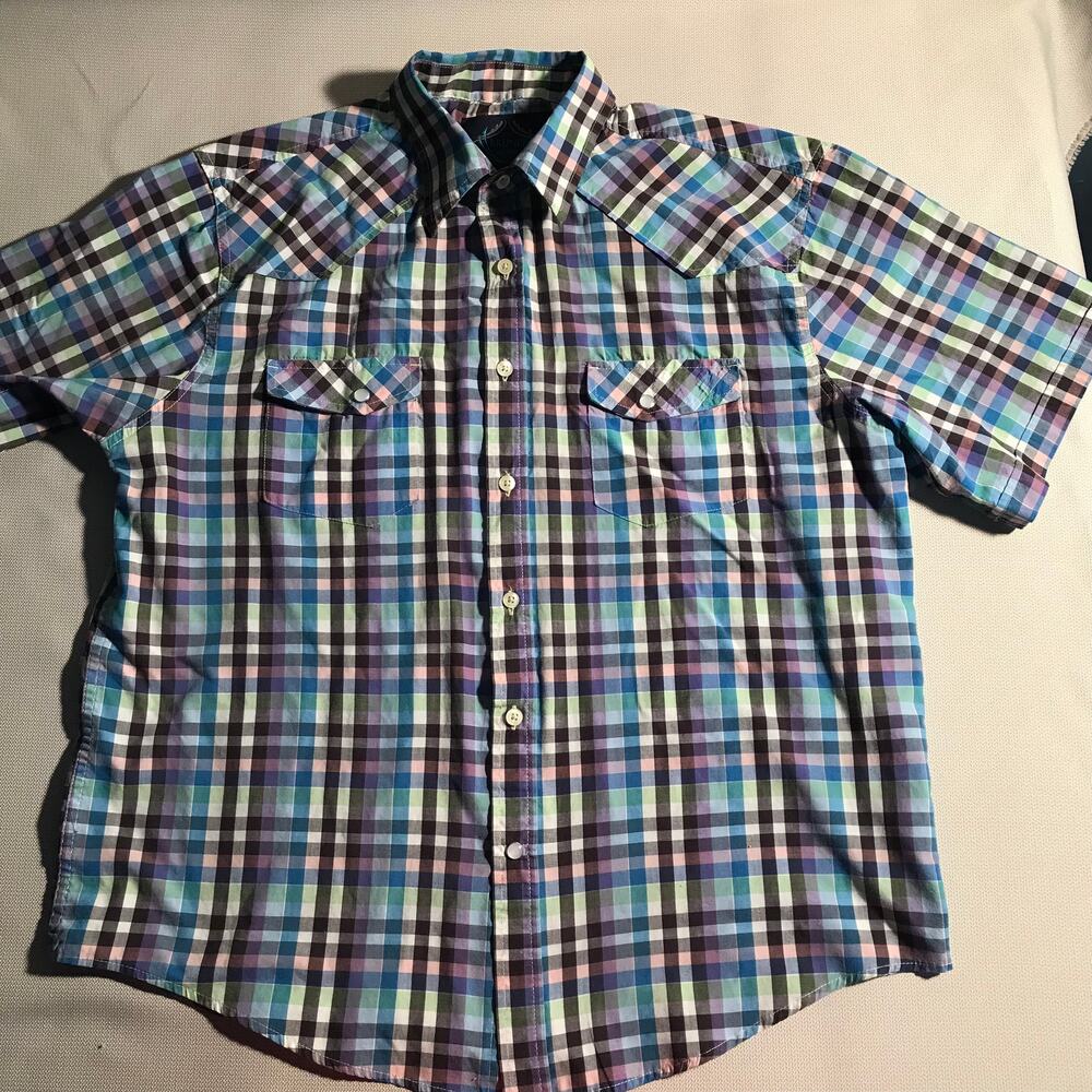 Bruno Men's Button‎ Up Shirt L Blue Purple Green Plaid SS 55% Cotton 45% Poly